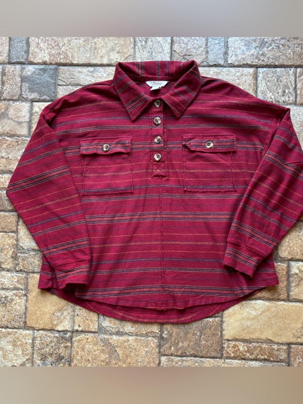 Vintage Natural Reflections Burgundy Blanket Striped Button-Front Henley Top